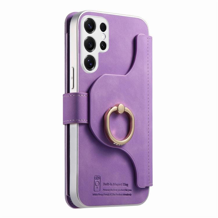 For Galaxy S25 Ultra 5G Precision Hole Silver-Edged Ring RFID Blocking Zipper Wallet Magnetic Vegan Leather Phone Case