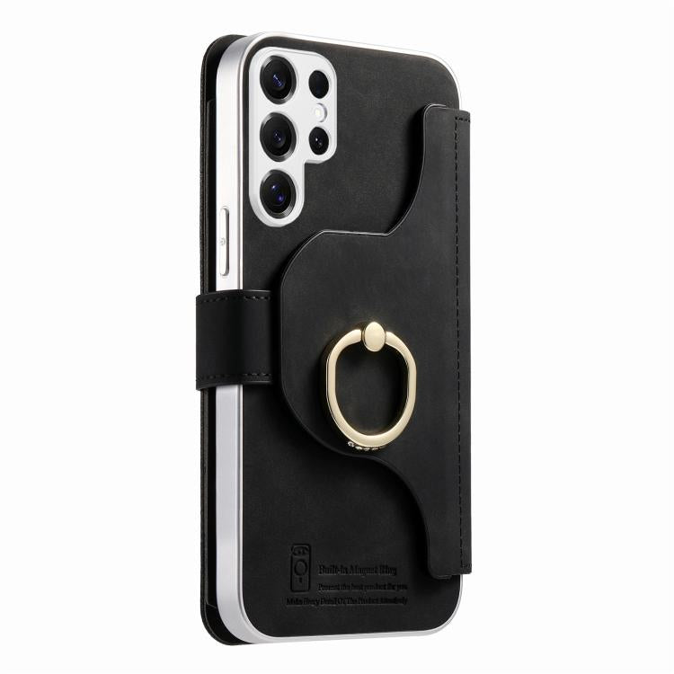 For Galaxy S25 Ultra 5G Precision Hole Silver-Edged Ring RFID Blocking Zipper Wallet Magnetic Vegan Leather Phone Case