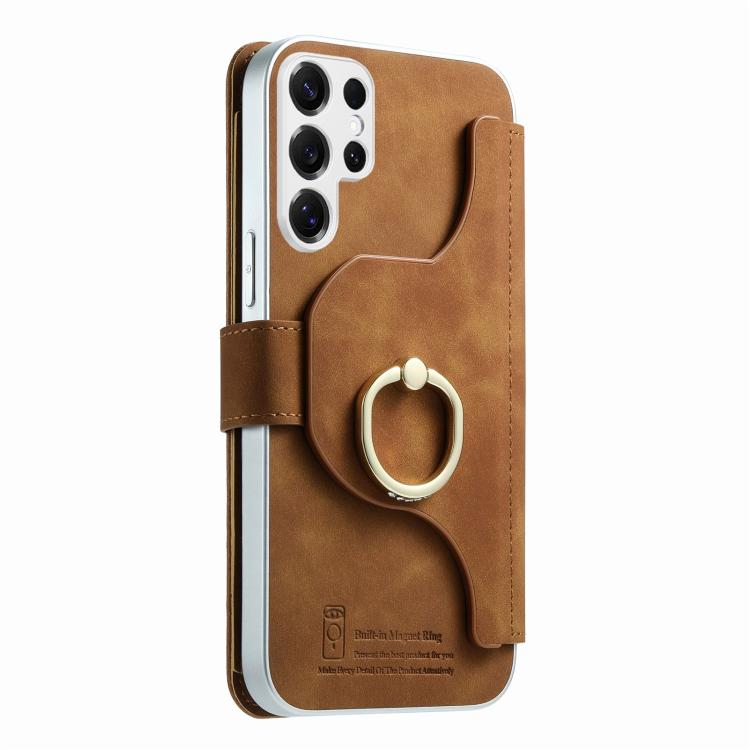 For Galaxy S25 Ultra 5G Precision Hole Silver-Edged Ring RFID Blocking Zipper Wallet Magnetic Vegan Leather Phone Case