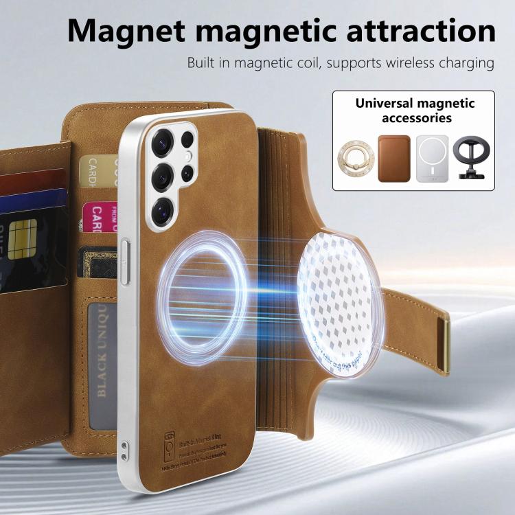 For Galaxy S25 Ultra 5G Precision Hole Silver-Edged Ring RFID Blocking Zipper Wallet Magnetic Vegan Leather Phone Case