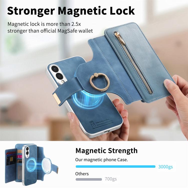 For Galaxy S25 Edge 5G Precision Hole Silver-Edged Ring RFID Blocking Zipper Wallet Magnetic Vegan Leather Phone Case