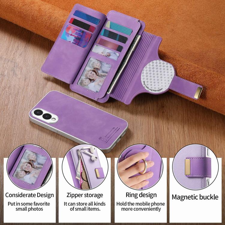 For Galaxy S25 Edge 5G Precision Hole Silver-Edged Ring RFID Blocking Zipper Wallet Magnetic Vegan Leather Phone Case