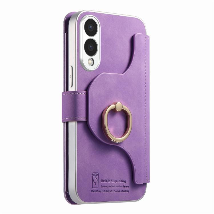 For Galaxy S25 Edge 5G Precision Hole Silver-Edged Ring RFID Blocking Zipper Wallet Magnetic Vegan Leather Phone Case