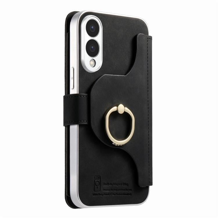 For Galaxy S25 Edge 5G Precision Hole Silver-Edged Ring RFID Blocking Zipper Wallet Magnetic Vegan Leather Phone Case