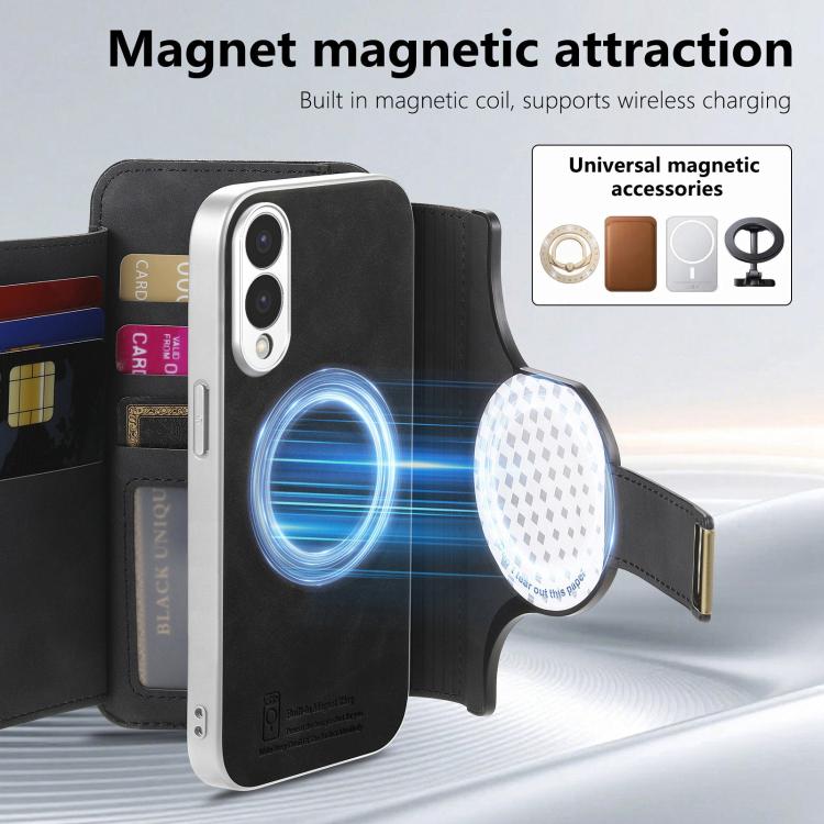 For Galaxy S25 Edge 5G Precision Hole Silver-Edged Ring RFID Blocking Zipper Wallet Magnetic Vegan Leather Phone Case