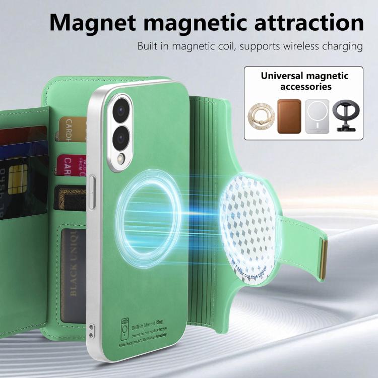 For Galaxy S25 Edge 5G Precision Hole Silver-Edged Ring RFID Blocking Zipper Wallet Magnetic Vegan Leather Phone Case