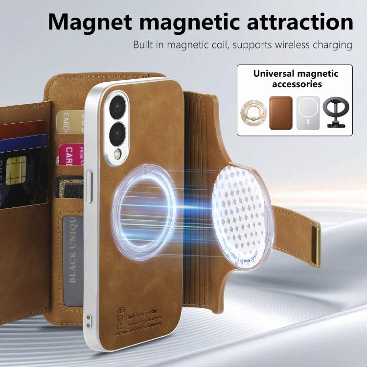 For Galaxy S25 Edge 5G Precision Hole Silver-Edged Ring RFID Blocking Zipper Wallet Magnetic Vegan Leather Phone Case