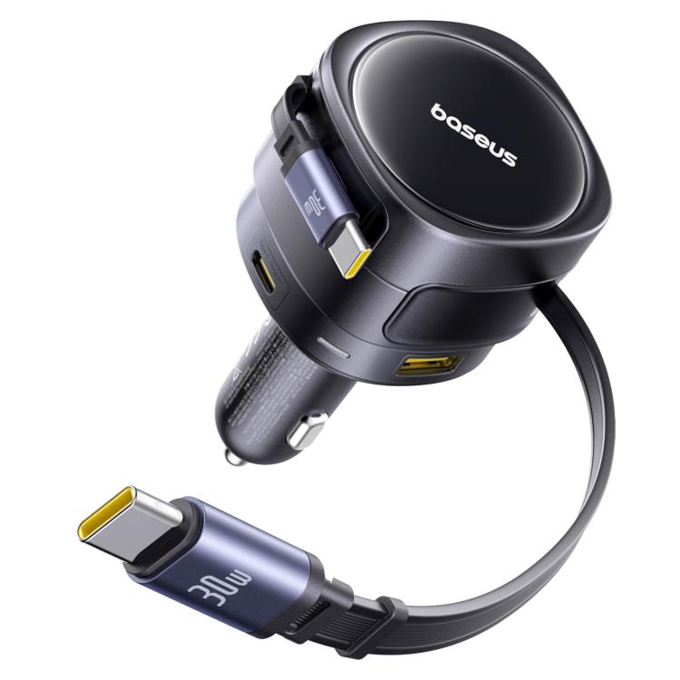 Baseus Enjoyment Max 90W USB and Type-C Ports Car Charger with Dual Type-C Retractable Cable - Black