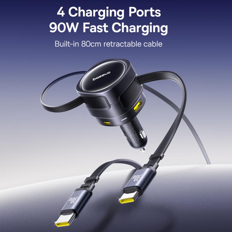 Baseus Enjoyment Max 90W USB and Type-C Ports Car Charger with Dual Type-C Retractable Cable - Black