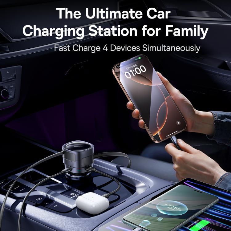 Baseus Enjoyment Max 90W USB and Type-C Ports Car Charger with Dual Type-C Retractable Cable - Black