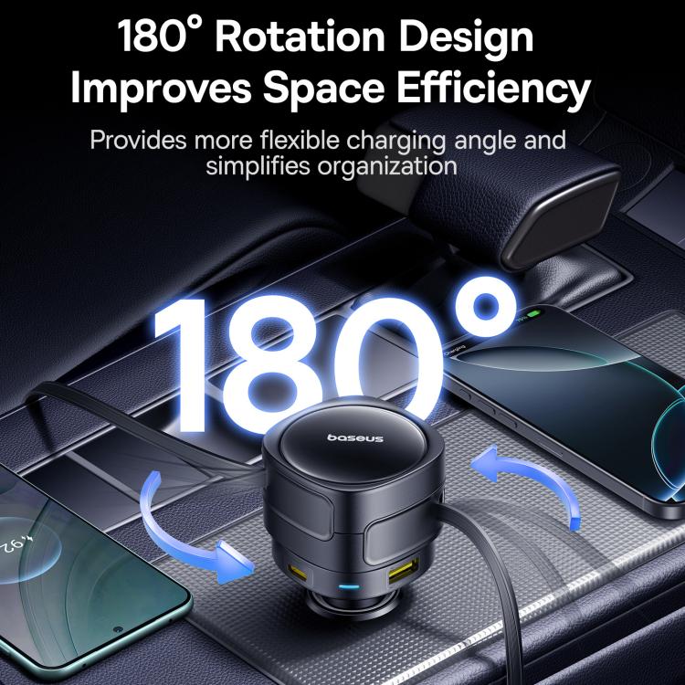 Baseus Enjoyment Max 90W USB and Type-C Ports Car Charger with Dual Type-C Retractable Cable - Black