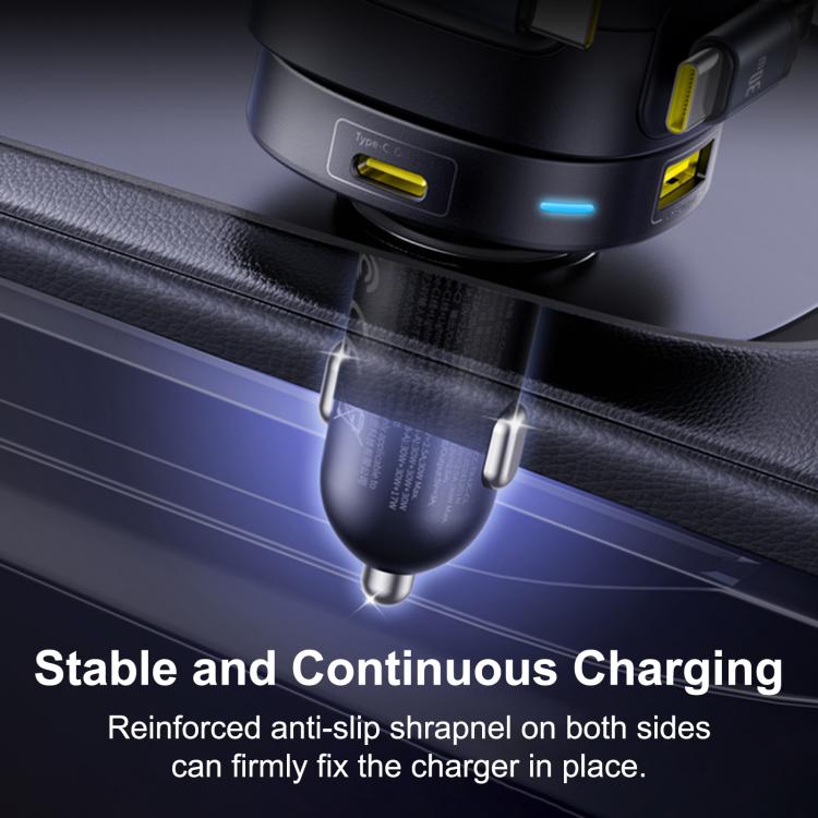 Baseus Enjoyment Max 90W USB and Type-C Ports Car Charger with Dual Type-C Retractable Cable - Black