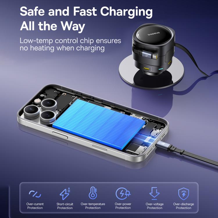 Baseus Enjoyment Max 90W USB and Type-C Ports Car Charger with Dual Type-C Retractable Cable - Black