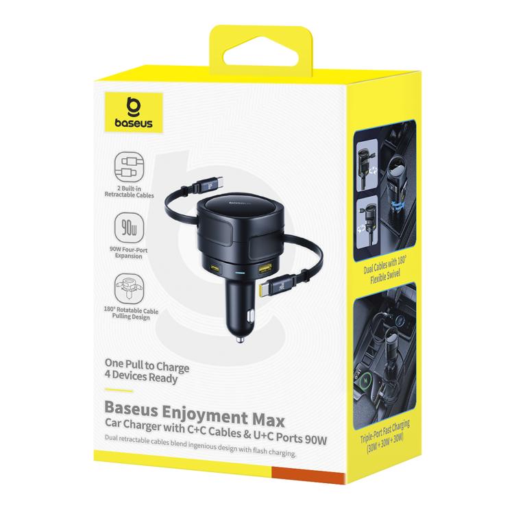 Baseus Enjoyment Max 90W USB and Type-C Ports Car Charger with Dual Type-C Retractable Cable - Black