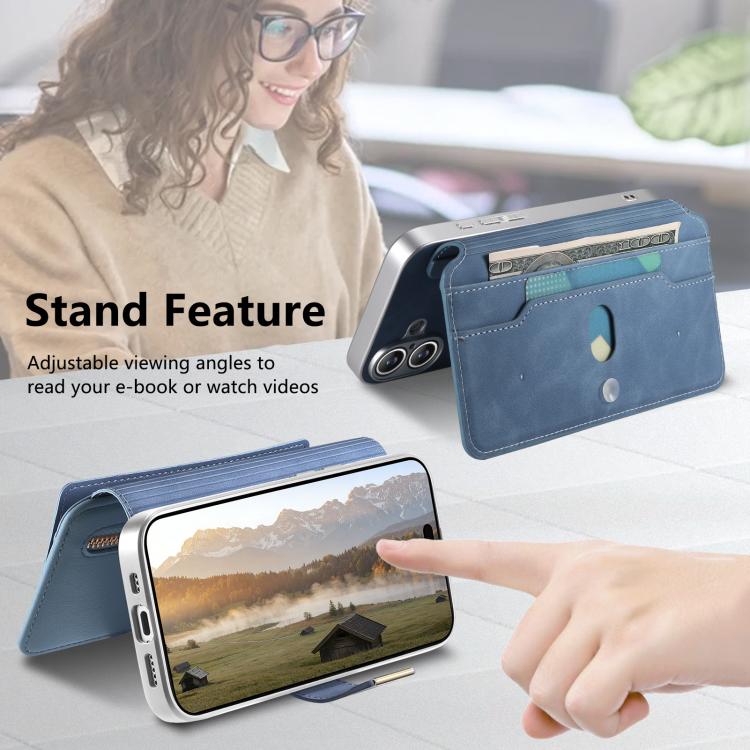 For iPhone 16 Pro CaseNeo Precision Hole Silver-Edged Magnetic Zipper Wallet Cross-Grain Vegan Leather Phone Case