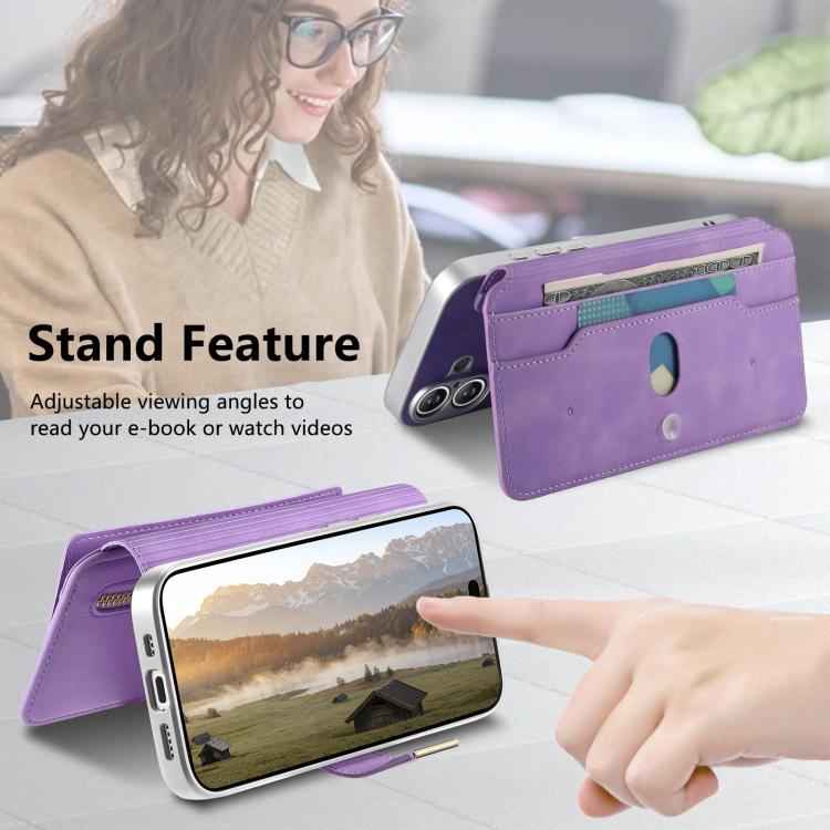 For iPhone 16 Pro CaseNeo Precision Hole Silver-Edged Magnetic Zipper Wallet Cross-Grain Vegan Leather Phone Case