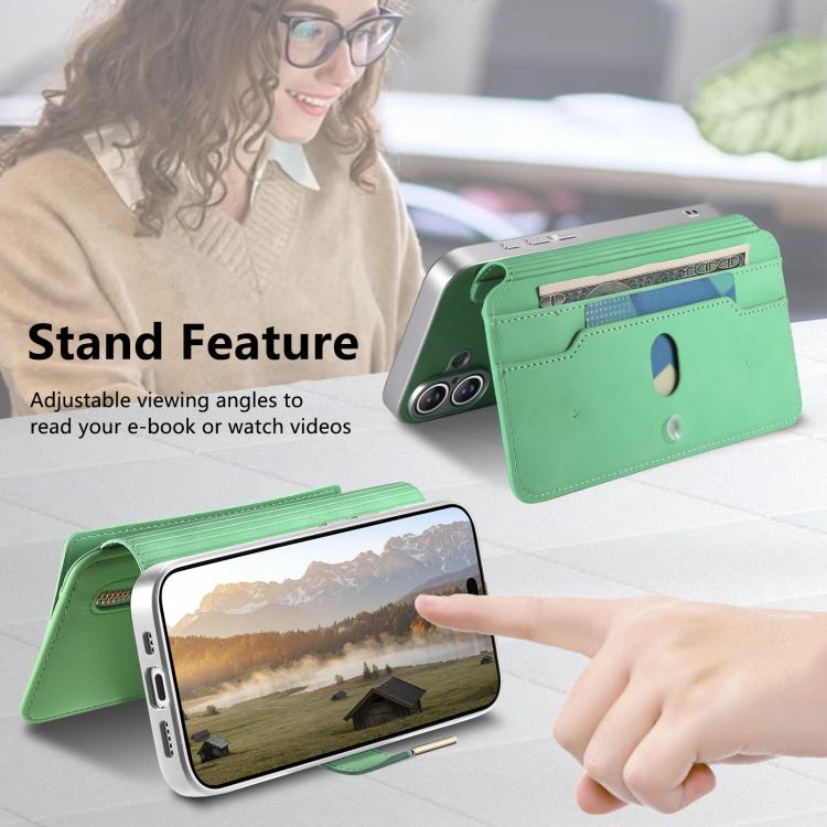 For iPhone 16 Pro CaseNeo Precision Hole Silver-Edged Magnetic Zipper Wallet Cross-Grain Vegan Leather Phone Case