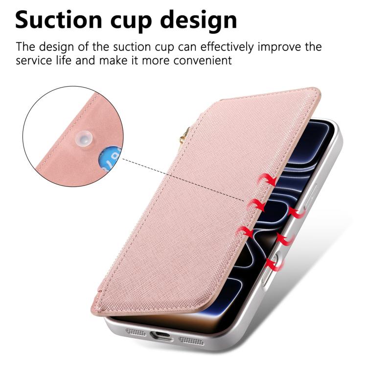 For iPhone 16 CaseNeo Precision Hole Silver-Edged Magnetic Zipper Wallet Cross-Grain Vegan Leather Phone Case