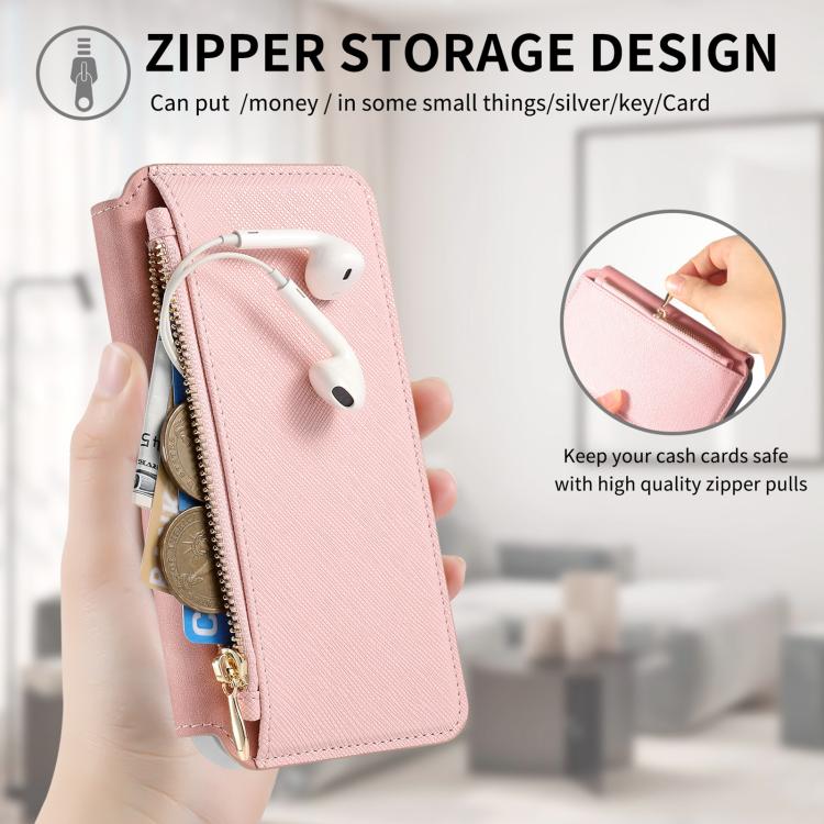 For iPhone 16 CaseNeo Precision Hole Silver-Edged Magnetic Zipper Wallet Cross-Grain Vegan Leather Phone Case