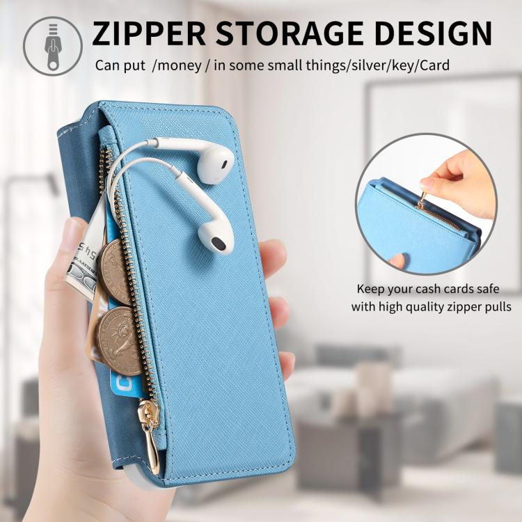 For iPhone 16 CaseNeo Precision Hole Silver-Edged Magnetic Zipper Wallet Cross-Grain Vegan Leather Phone Case