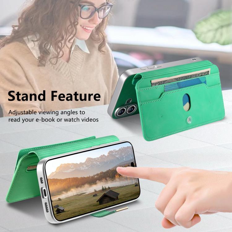 For iPhone 16 CaseNeo Precision Hole Silver-Edged Magnetic Zipper Wallet Cross-Grain Vegan Leather Phone Case
