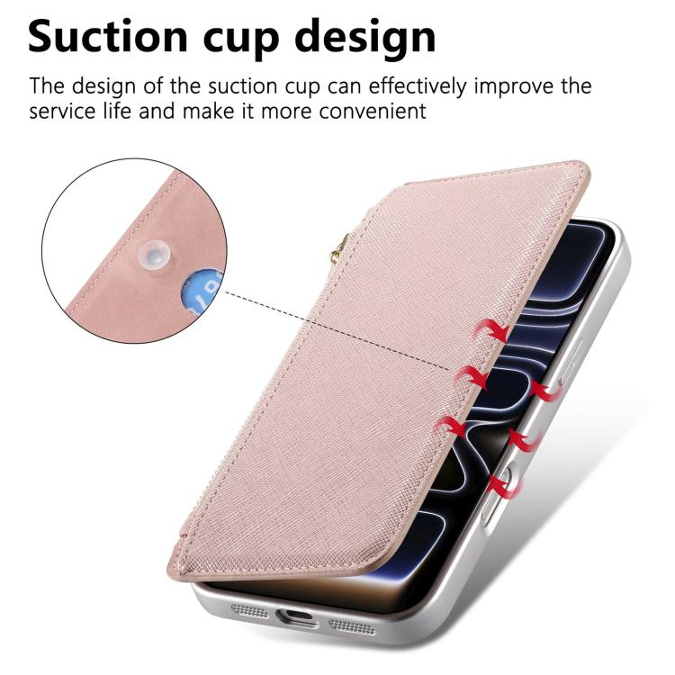For iPhone 16 Pro Max CaseNeo Precision Hole Silver-Edged Magnetic Zipper Wallet Cross-Grain Vegan Leather Phone Case