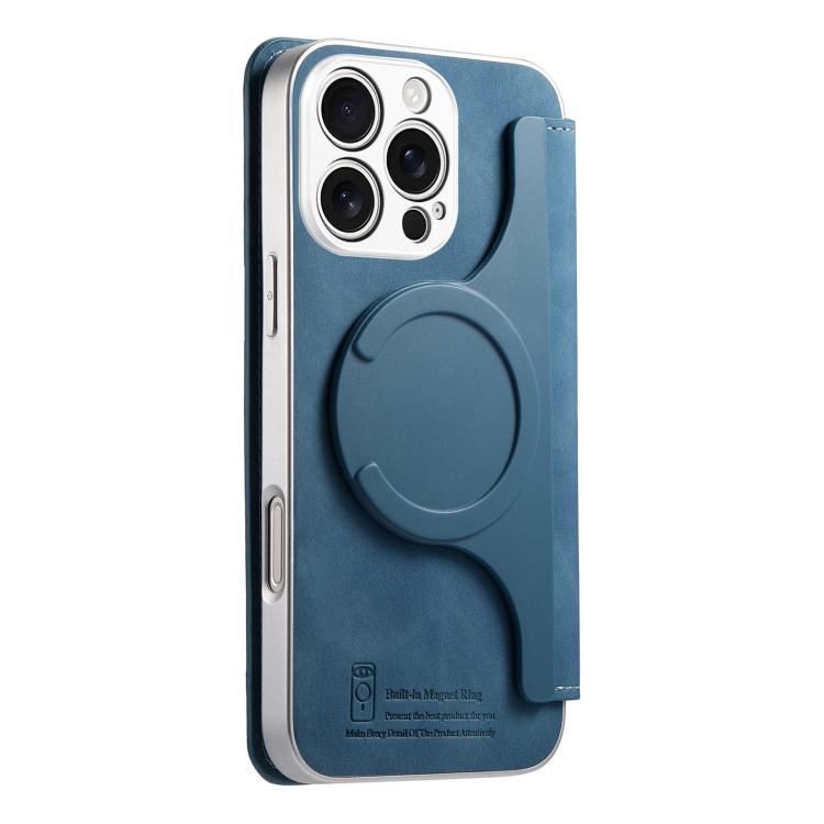 For iPhone 16 Pro Max CaseNeo Precision Hole Silver-Edged Magnetic Zipper Wallet Cross-Grain Vegan Leather Phone Case