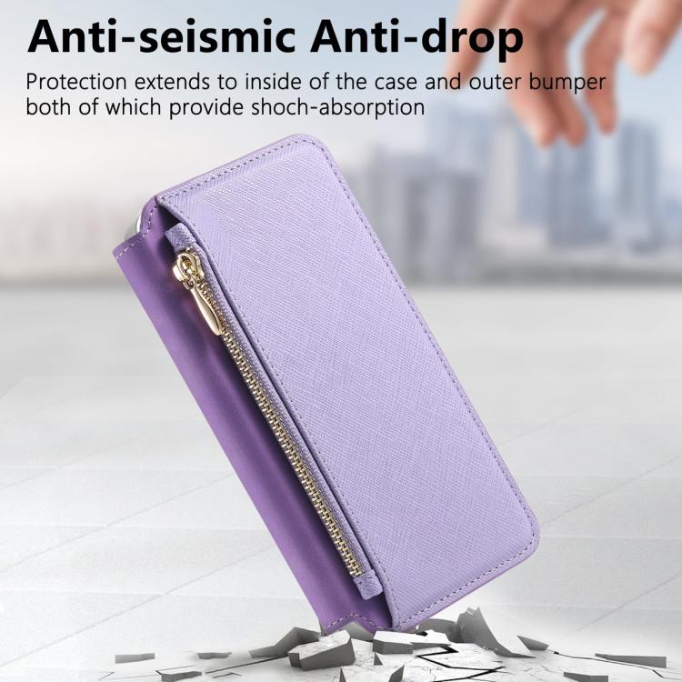 For iPhone 16 Pro Max CaseNeo Precision Hole Silver-Edged Magnetic Zipper Wallet Cross-Grain Vegan Leather Phone Case