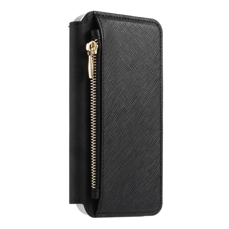 For iPhone 16 Pro Max CaseNeo Precision Hole Silver-Edged Magnetic Zipper Wallet Cross-Grain Vegan Leather Phone Case