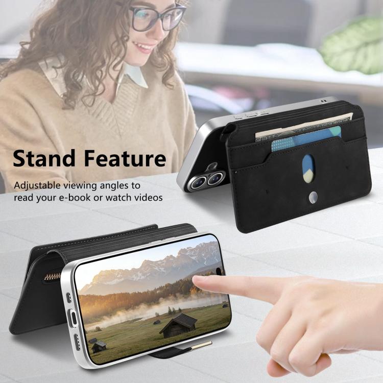For iPhone 16 Pro Max CaseNeo Precision Hole Silver-Edged Magnetic Zipper Wallet Cross-Grain Vegan Leather Phone Case