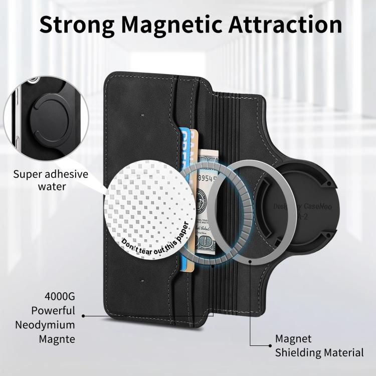For iPhone 16 Pro Max CaseNeo Precision Hole Silver-Edged Magnetic Zipper Wallet Cross-Grain Vegan Leather Phone Case