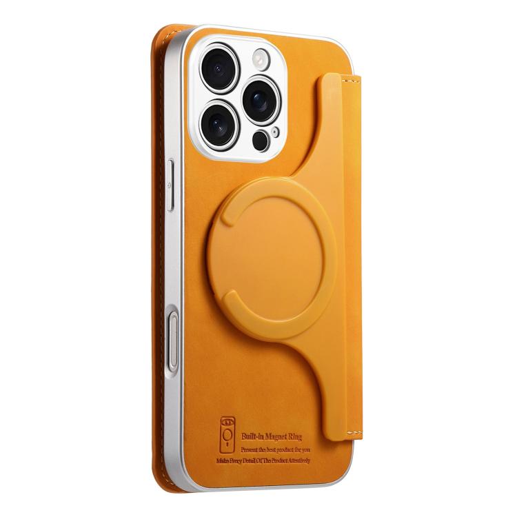 For iPhone 16 Pro Max CaseNeo Precision Hole Silver-Edged Magnetic Zipper Wallet Cross-Grain Vegan Leather Phone Case
