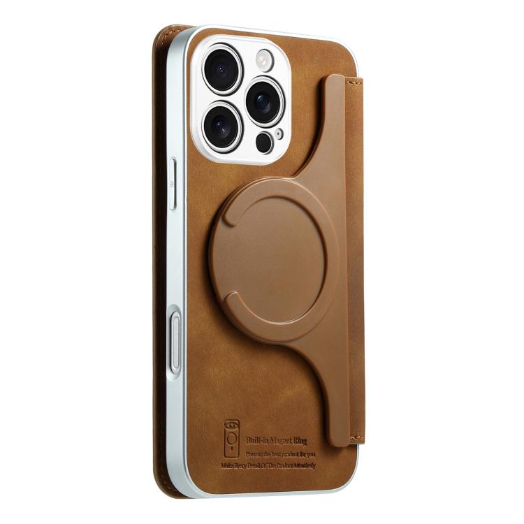 For iPhone 16 Pro Max CaseNeo Precision Hole Silver-Edged Magnetic Zipper Wallet Cross-Grain Vegan Leather Phone Case