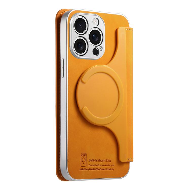 For iPhone 15 Pro Max CaseNeo Precision Hole Silver-Edged Magnetic Zipper Wallet Cross-Grain Vegan Leather Phone Case