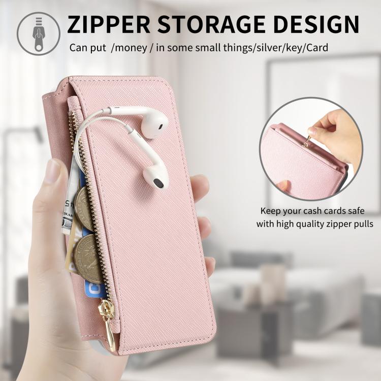 For iPhone 15 Plus CaseNeo Precision Hole Silver-Edged Magnetic Zipper Wallet Cross-Grain Vegan Leather Phone Case