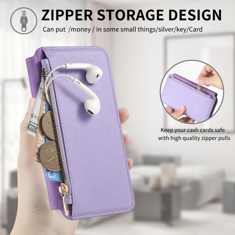For iPhone 15 Plus CaseNeo Precision Hole Silver-Edged Magnetic Zipper Wallet Cross-Grain Vegan Leather Phone Case