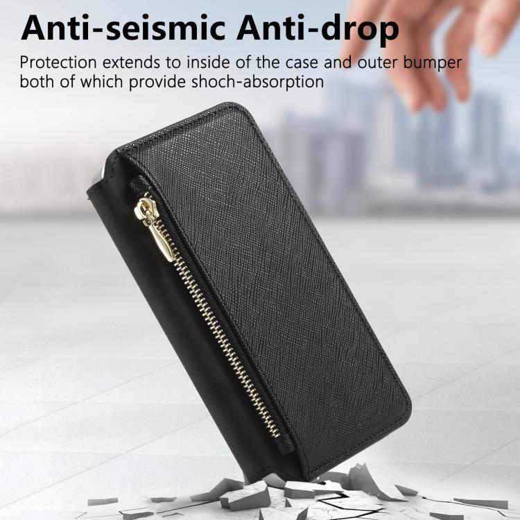 For iPhone 15 Plus CaseNeo Precision Hole Silver-Edged Magnetic Zipper Wallet Cross-Grain Vegan Leather Phone Case
