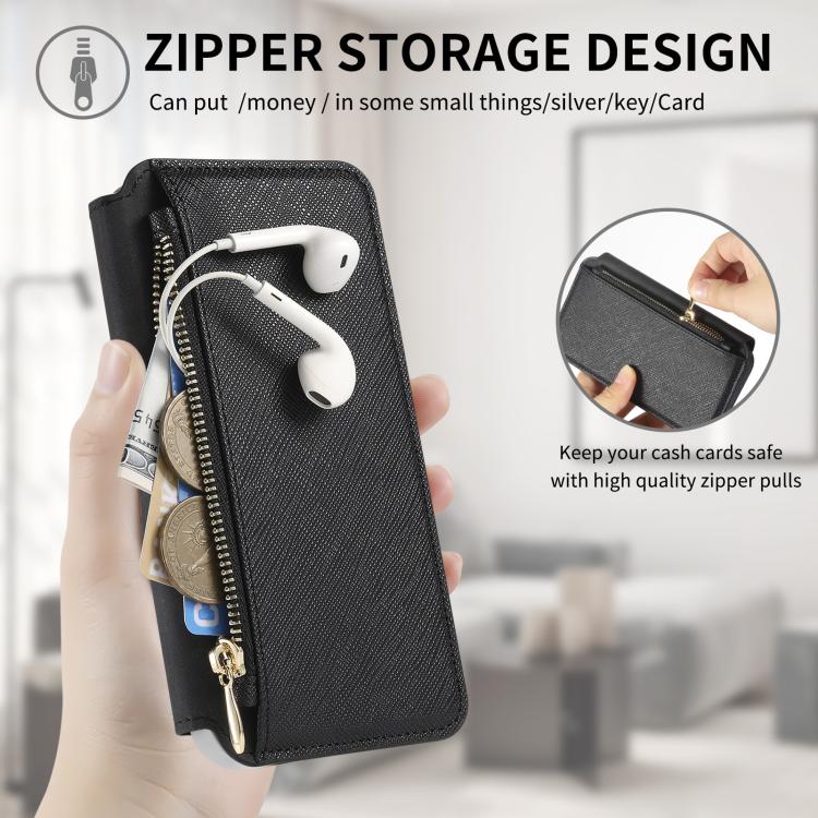For iPhone 15 Plus CaseNeo Precision Hole Silver-Edged Magnetic Zipper Wallet Cross-Grain Vegan Leather Phone Case