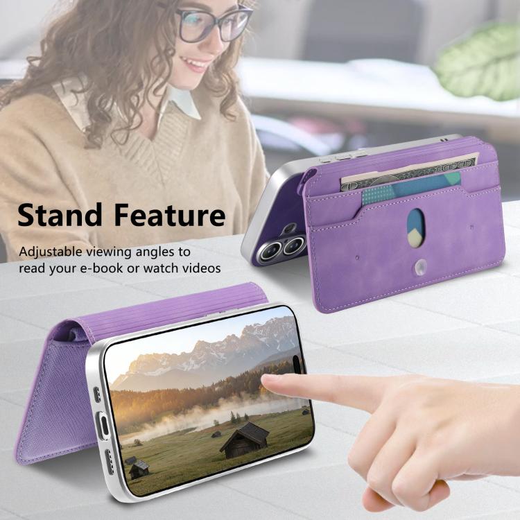 For iPhone 15 CaseNeo Precision Hole Silver-Edged Magnetic Zipper Wallet Cross-Grain Vegan Leather Phone Case