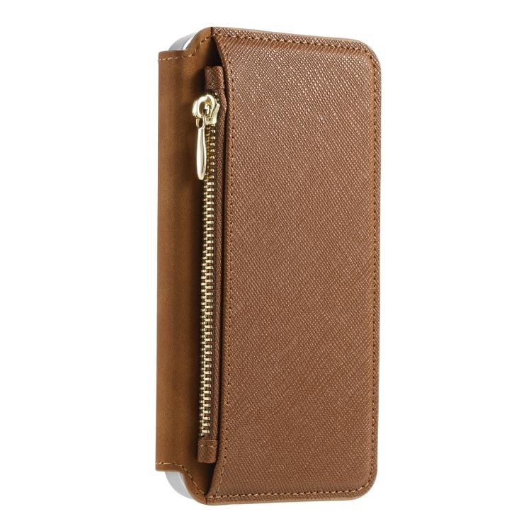 For iPhone 15 CaseNeo Precision Hole Silver-Edged Magnetic Zipper Wallet Cross-Grain Vegan Leather Phone Case