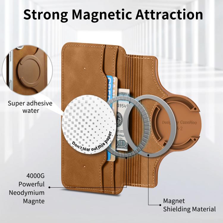 For iPhone 15 CaseNeo Precision Hole Silver-Edged Magnetic Zipper Wallet Cross-Grain Vegan Leather Phone Case