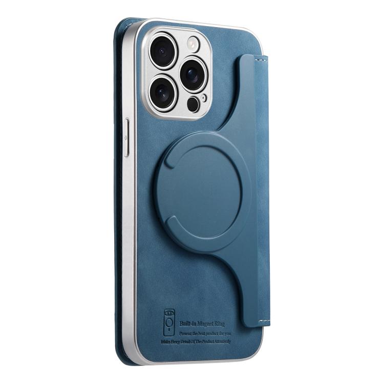 For iPhone 14 Pro Max CaseNeo Precision Hole Silver-Edged Magnetic Zipper Wallet Cross-Grain Vegan Leather Phone Case