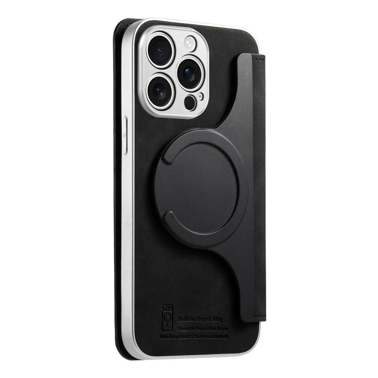For iPhone 14 Pro Max CaseNeo Precision Hole Silver-Edged Magnetic Zipper Wallet Cross-Grain Vegan Leather Phone Case
