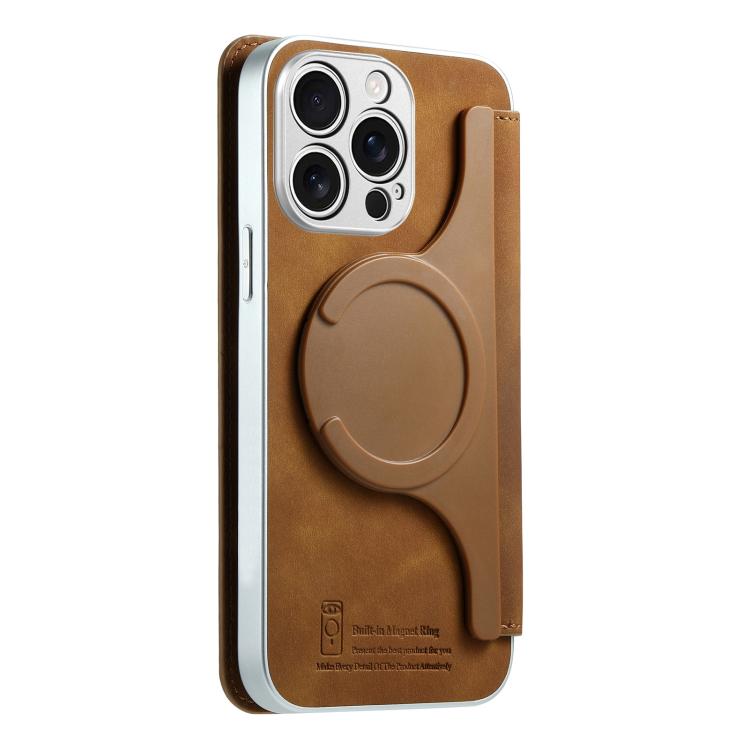 For iPhone 14 Pro Max CaseNeo Precision Hole Silver-Edged Magnetic Zipper Wallet Cross-Grain Vegan Leather Phone Case