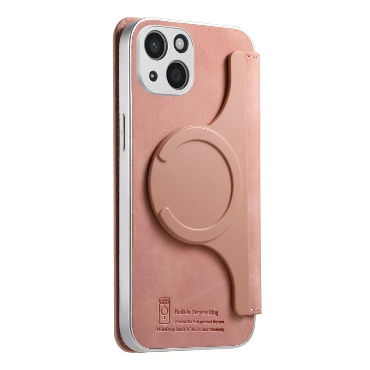 For iPhone 14 CaseNeo Precision Hole Silver-Edged Magnetic Zipper Wallet Cross-Grain Vegan Leather Phone Case