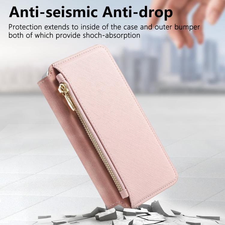 For iPhone 14 CaseNeo Precision Hole Silver-Edged Magnetic Zipper Wallet Cross-Grain Vegan Leather Phone Case
