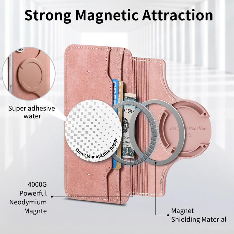 For iPhone 14 CaseNeo Precision Hole Silver-Edged Magnetic Zipper Wallet Cross-Grain Vegan Leather Phone Case