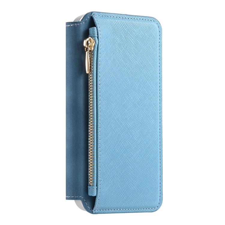 For iPhone 14 CaseNeo Precision Hole Silver-Edged Magnetic Zipper Wallet Cross-Grain Vegan Leather Phone Case