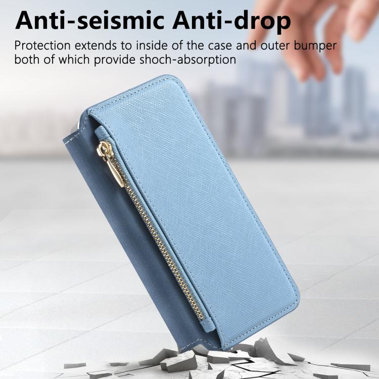 For iPhone 14 CaseNeo Precision Hole Silver-Edged Magnetic Zipper Wallet Cross-Grain Vegan Leather Phone Case