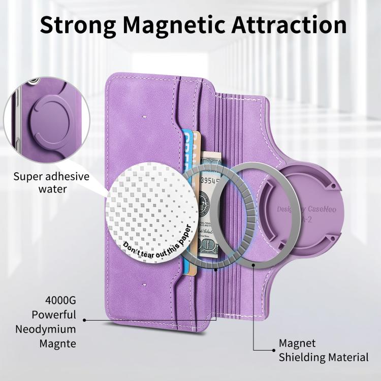 For iPhone 14 CaseNeo Precision Hole Silver-Edged Magnetic Zipper Wallet Cross-Grain Vegan Leather Phone Case